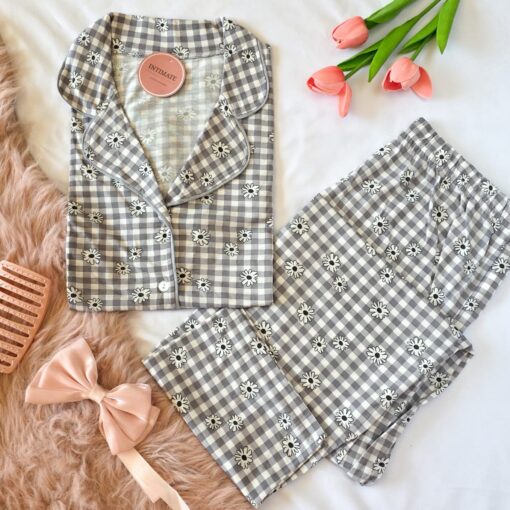 Pyjama Chemise Coton Gris Carreaux Imprimé Fleurs