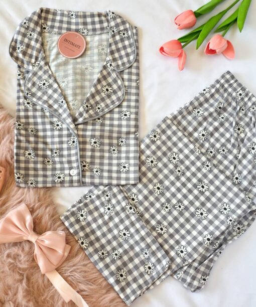 Pyjama Chemise Coton Gris Carreaux Imprimé Fleurs