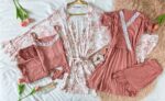 Parure Coton Viscose Rose & Imprimé Fleurie 5 pièces & 2 Accessoires