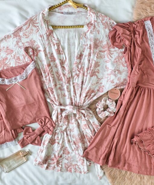 Parure Coton Viscose Rose & Imprimé Fleurie 5 pièces & 2 Accessoires