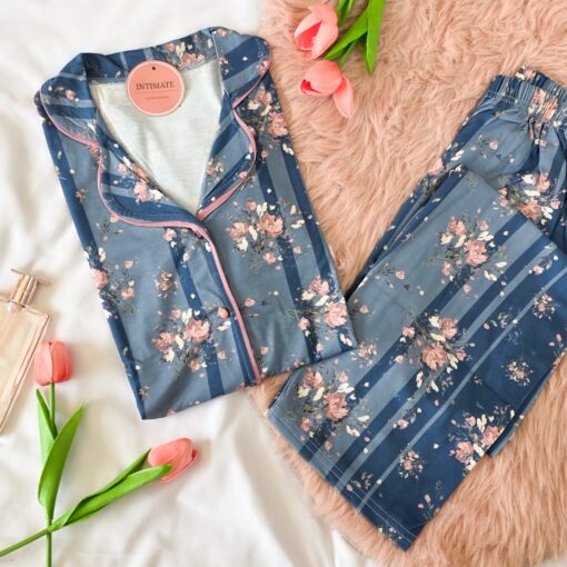 Pyjama Chemise Coton Manches Longues  Bleu Fleurie en Rose
