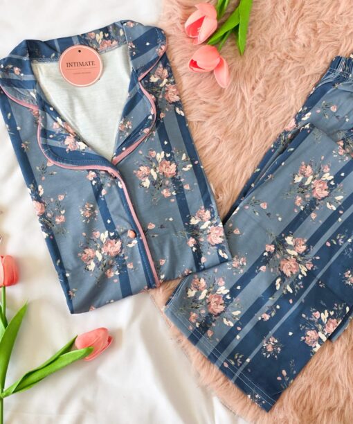 Pyjama Chemise Coton Manches Longues  Bleu Fleurie en Rose