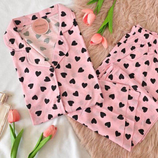 Pyjama Chemise Demi Manches Coton Rose Pointillé Cœurs Noirs