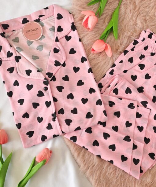 Pyjama Chemise Demi Manches Coton Rose Pointillé Cœurs Noirs