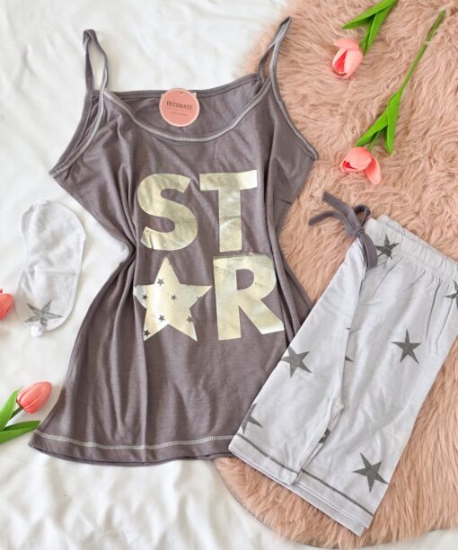 Pyjama Short Coton Taupe Imprimé Étoiles