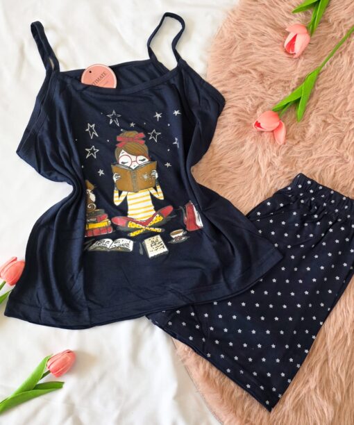 Pyjama Short Coton Bleu Pointillé Étoiles