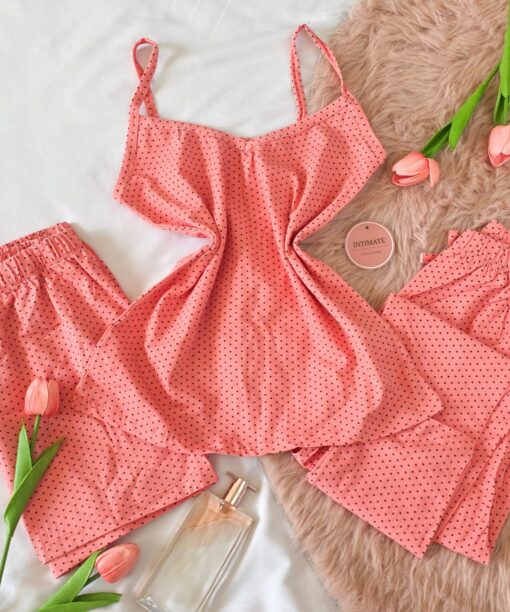 Pyjama Coton 3 Pièces Corail Pointillé
