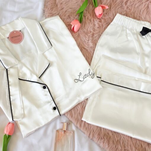 Pyjama Chemise Demi Manches Satin en Blanc