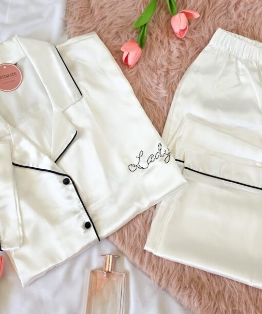 Pyjama Chemise Demi Manches Satin en Blanc
