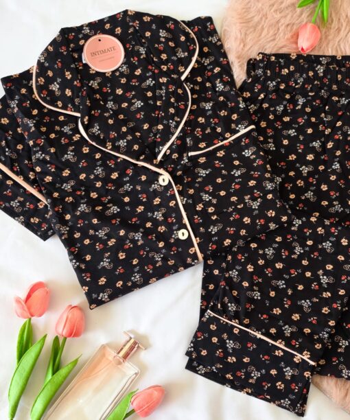 Pyjama Chemise Coton Viscose Demi Manches Noir Imprimé Fleurs