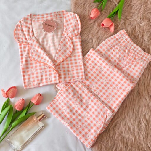 Pyjama Chemise Coton Demi Manches Rose Carreaux Imprimé Fleurs