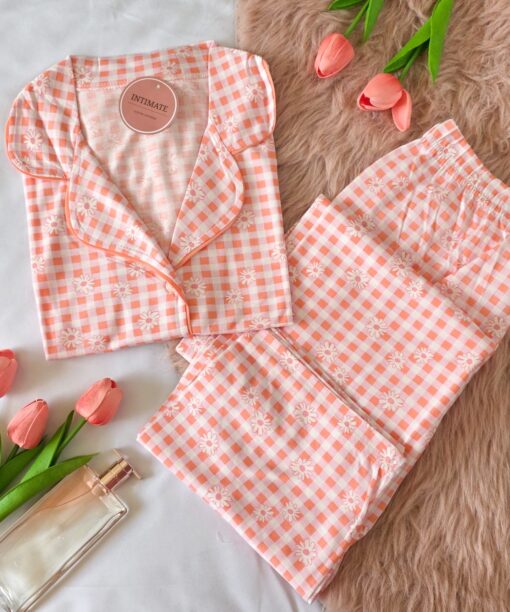 Pyjama Chemise Coton Demi Manches Rose Carreaux Imprimé Fleurs