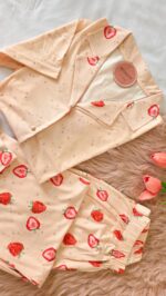 Pyjama Chemise Coton Demi Manches Saumon Imprimé Fraise – Image 2