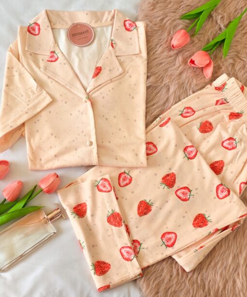 Pyjama Chemise Coton Demi Manches Saumon Imprimé Fraise