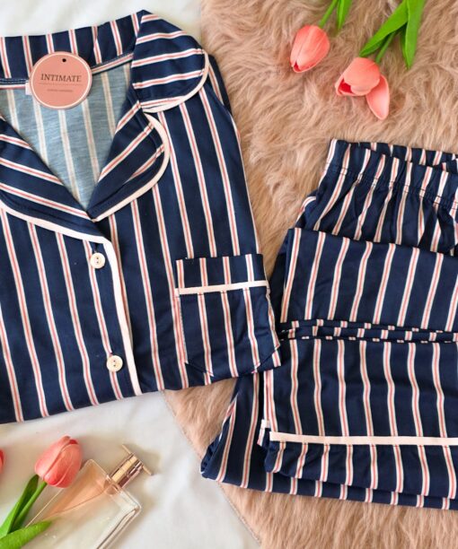 Pyjama Chemise Coton Demi Manches Bleu Rayé