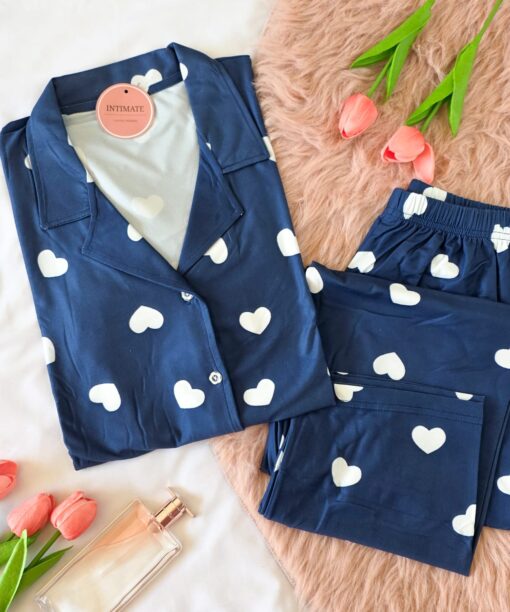 Pyjama Chemise Demi Manches Bleu Imprimé Cœurs