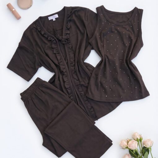 Pyjama 3 Pièces Coton Marron