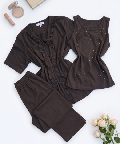 Pyjama 3 Pièces Coton Marron