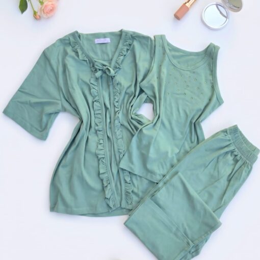 Pyjama 3 Pièces Coton Vert Doux