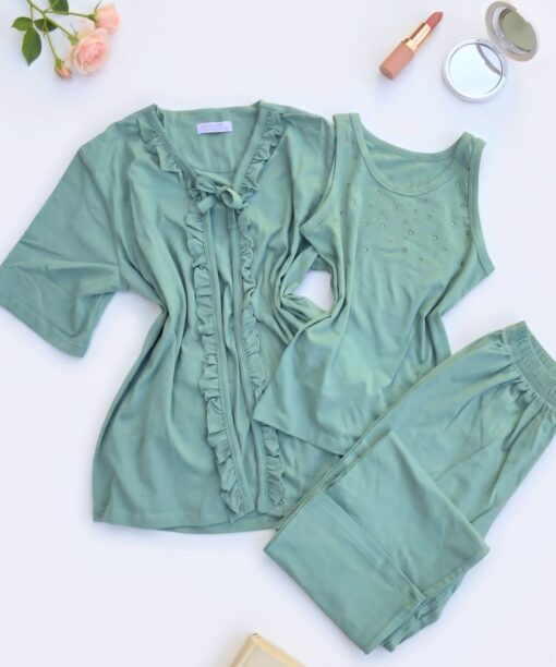Pyjama 3 Pièces Coton Vert Doux