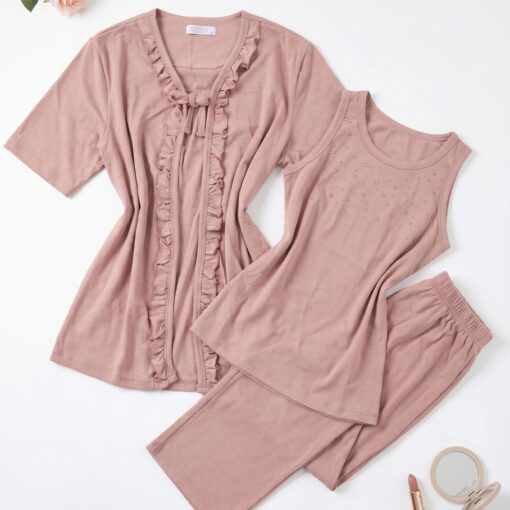 Pyjama 3 Pièces Coton Rose