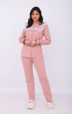 Pyjama Chemise Manches Longues Coton Rose Nude & Dentelle Blanche – Image 3