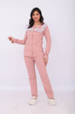 Pyjama Chemise Manches Longues Coton Rose Nude & Dentelle Blanche – Image 4