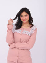 Pyjama Chemise Manches Longues Coton Rose Nude & Dentelle Blanche