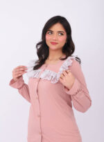 Pyjama Chemise Manches Longues Coton Rose Nude & Dentelle Blanche – Image 6