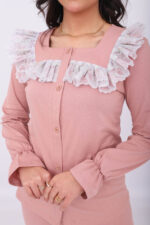 Pyjama Chemise Manches Longues Coton Rose Nude & Dentelle Blanche – Image 8