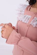 Pyjama Chemise Manches Longues Coton Rose Nude & Dentelle Blanche – Image 2