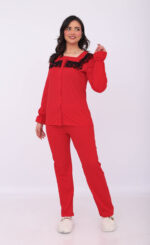 Pyjama Chemise Manches Longues Coton Rouge & Dentelle Noire – Image 9