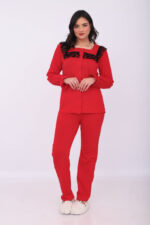 Pyjama Chemise Manches Longues Coton Rouge & Dentelle Noire – Image 10