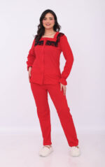 Pyjama Chemise Manches Longues Coton Rouge & Dentelle Noire – Image 2