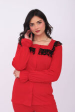 Pyjama Chemise Manches Longues Coton Rouge & Dentelle Noire – Image 7