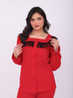 Pyjama Chemise Manches Longues Coton Rouge & Dentelle Noire – Image 8