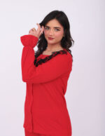 Pyjama Chemise Manches Longues Coton Rouge & Dentelle Noire – Image 5
