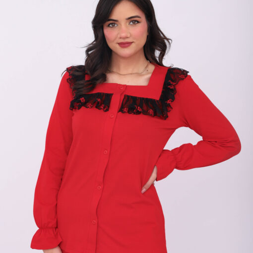 Pyjama Chemise Manches Longues Coton Rouge & Dentelle Noire