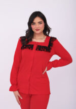 Pyjama Chemise Manches Longues Coton Rouge & Dentelle Noire