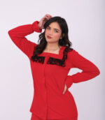 Pyjama Chemise Manches Longues Coton Rouge & Dentelle Noire – Image 3