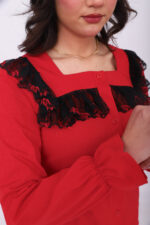 Pyjama Chemise Manches Longues Coton Rouge & Dentelle Noire – Image 4