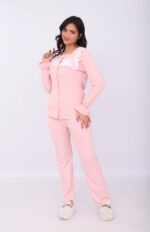 Pyjama Chemise Manches Longues Coton Rose Bébé & Dentelle Blanche – Image 7