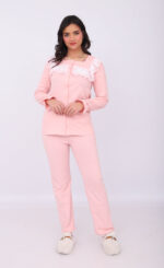 Pyjama Chemise Manches Longues Coton Rose Bébé & Dentelle Blanche – Image 3