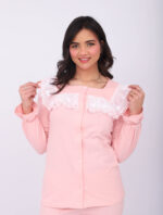 Pyjama Chemise Manches Longues Coton Rose Bébé & Dentelle Blanche – Image 4