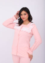 Pyjama Chemise Manches Longues Coton Rose Bébé & Dentelle Blanche