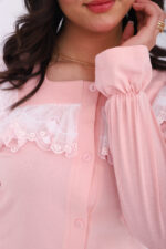 Pyjama Chemise Manches Longues Coton Rose Bébé & Dentelle Blanche – Image 2