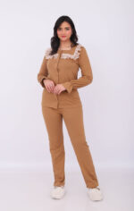 Pyjama Chemise Manches Longues Coton Camel & Dentelle Blanche – Image 6