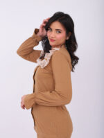 Pyjama Chemise Manches Longues Coton Camel & Dentelle Blanche – Image 4