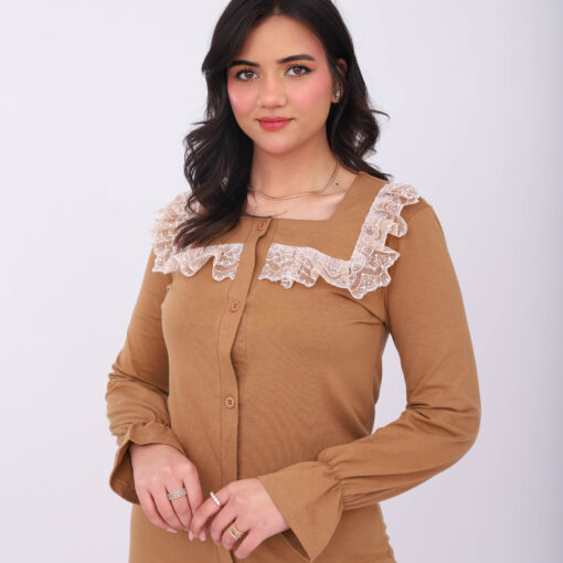 Pyjama Chemise Manches Longues Coton Camel & Dentelle Blanche