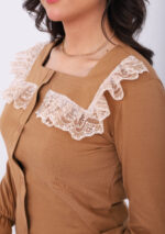 Pyjama Chemise Manches Longues Coton Camel & Dentelle Blanche – Image 3